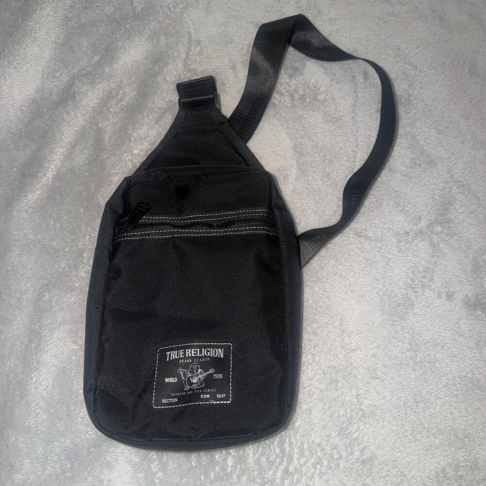 True Religion Black Sling Bag Crossbody Fanny Pack Guitar Logo